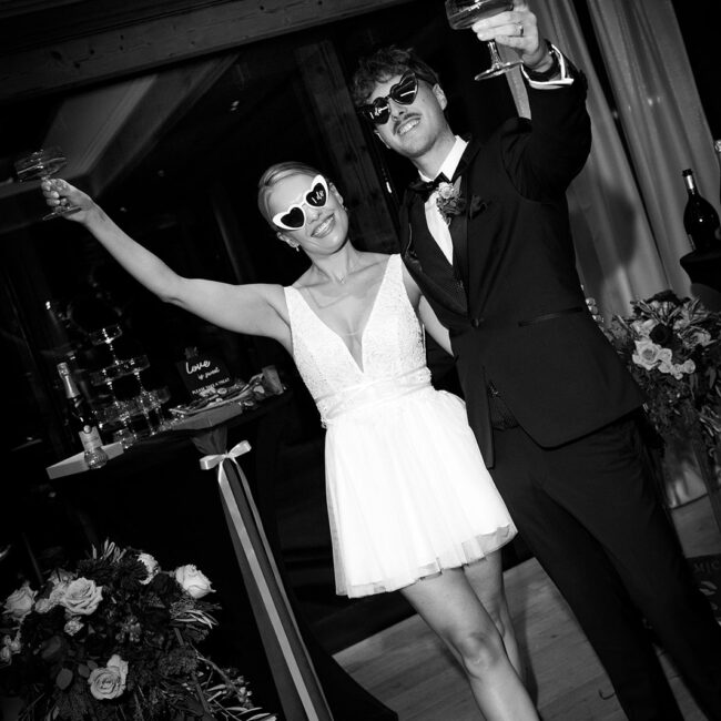 Joyful wedding celebration during an alpine destination wedding weekend in the Alps