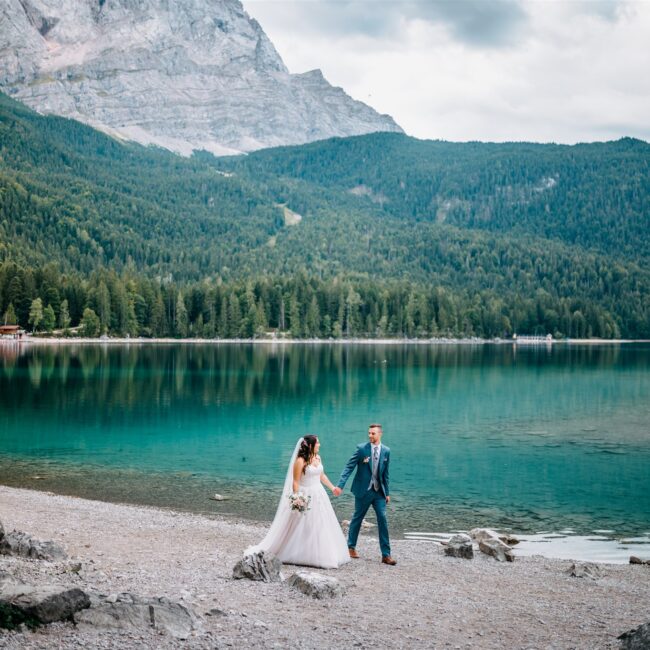 Mountain wedding couple at lake Eibsee