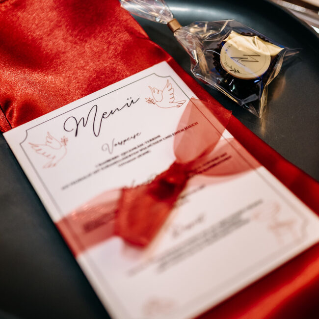 editorial wedding menu card with silk ribbon detail