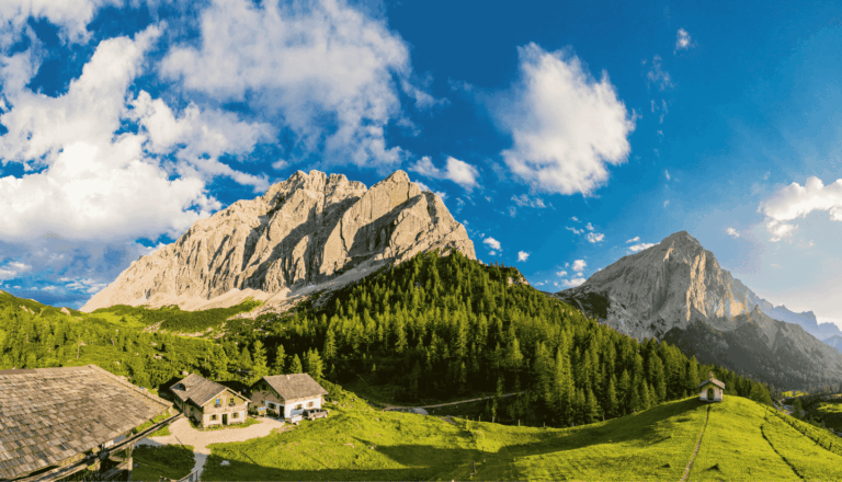 Mountain landscape in the Bavarian Alps near Schloss Elmau with traditional alpine houses
