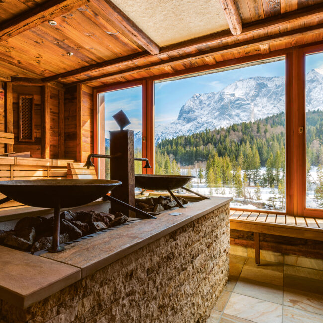 Luxury spa suite at Schloss Elmau Retreat with mountain view in the Bavarian Alps