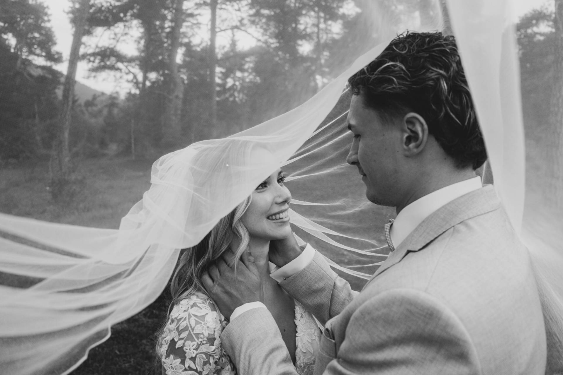 Romantic bride and groom under the veil during a mountain wedding in the Alps